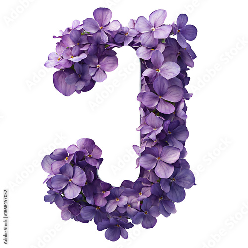 Top view of a 3D letter J made of violet flowers isolated on a white transparent background
