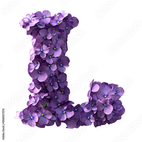 Top view of a 3D letter L made of violet flowers isolated on a white transparent background