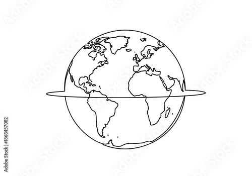A black and white line drawing of the earth with a satellite orbiting around it