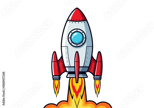 Colorful cartoon rocket ship blasting off into space with flames