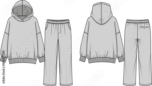 Technical fashion sketch of hooded sweatshirt and pants, front and back views, garment construction detail, monochrome illustration, transparent background, apparel design