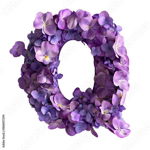 Top view of a 3D letter Q made of violet flowers isolated on a white transparent background