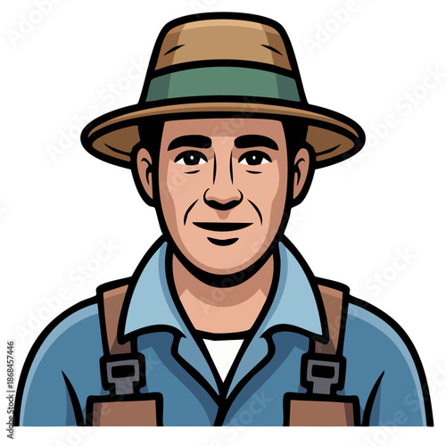 Smiling Farmer Man with Straw Hat and Suspenders Cartoon Illustration Portrait
