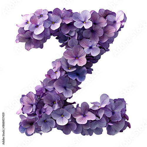 Top view of a 3D letter Z made of violet flowers isolated on a white transparent background
