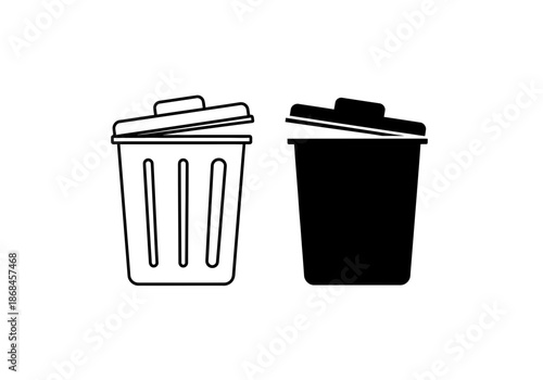 Trash can and garbage bin icons in black and white colors