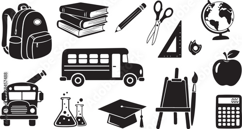 School Icons and Education Symbols in Black and White
