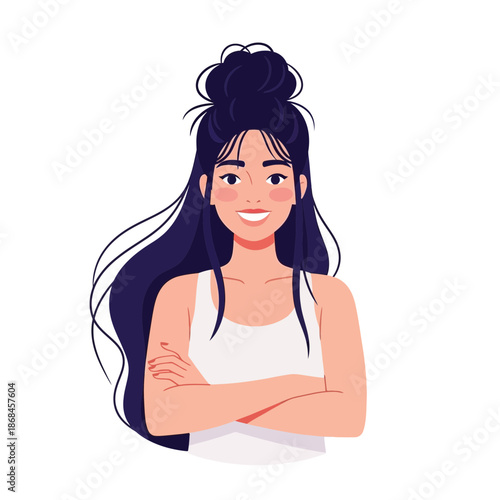 Smiling young woman with long dark hair and casual clothing standing alone looking friendly and approachable