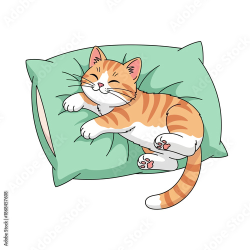 An adorable orange and white cat sleeping peacefully on a green pillow