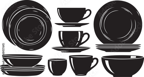 Black and White Dishware Set Illustration