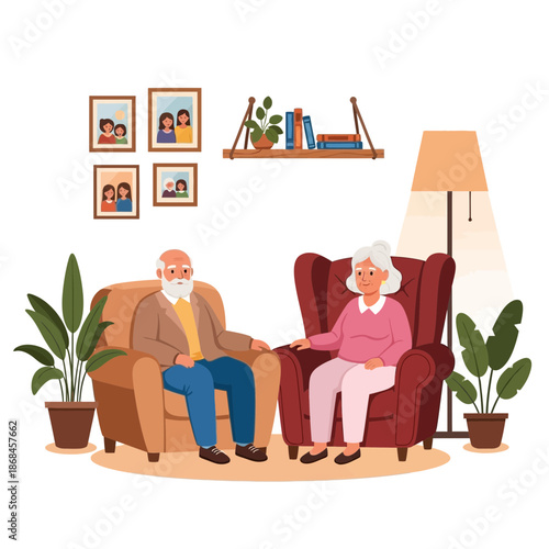 Elderly couple sitting on armchairs in living room with lamp and plants
