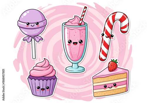 Cute cartoon desserts with smiling faces on them