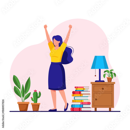 A cartoon woman with a backpack and raised arms standing next to a dresser with a lamp and books pink background