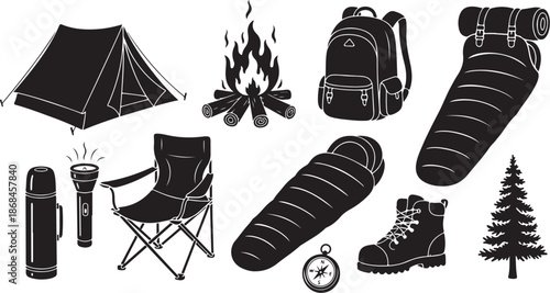 Camping gear and equipment illustration set
