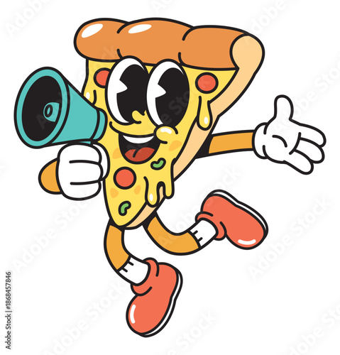 Cheerful Pizza Slice Cartoon Mascot with Megaphone