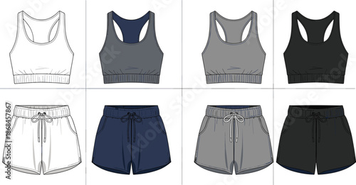 Athletic wear combinations with sports bras and shorts, four color variations, grid layout, activewear fashion illustration, transparent background, workout outfit design