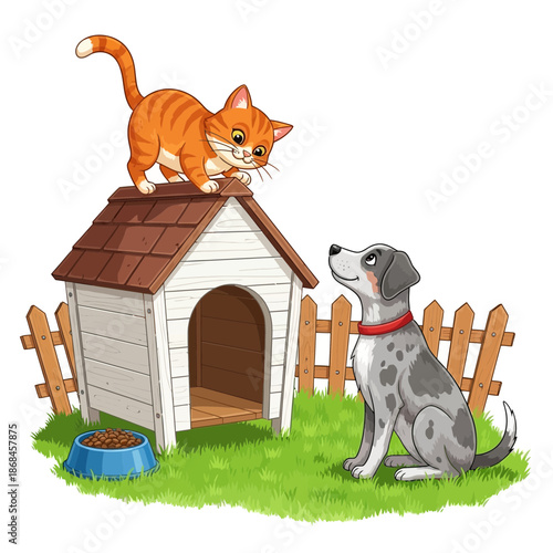 Cartoon cat on doghouse with dalmatian dog sitting nearby outside