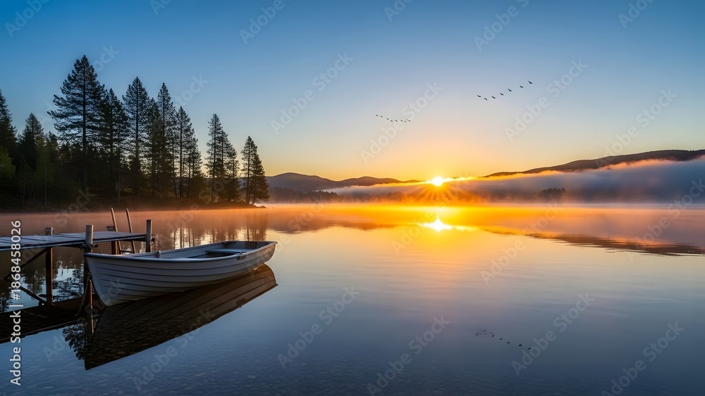 Obraz premium Golden sunrise glows above misty lake and docked rowboat as birds soar over forested hills