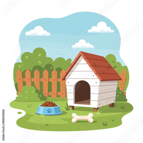 A dog house with a bowl of food and a bone in the yard
