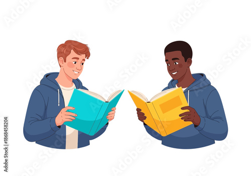 Two men reading books together in casual wear
