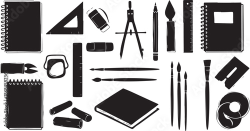 Stationery and office supplies icons in black and white