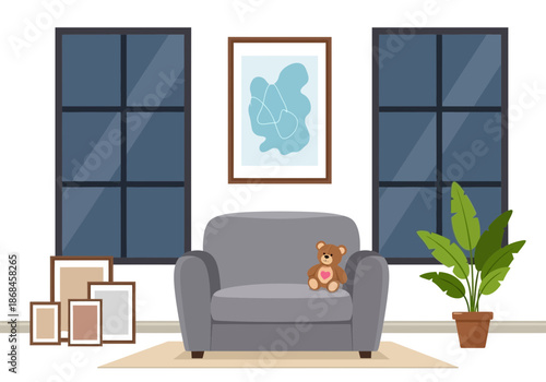 Cozy living room interior with teddy bear on sofa and plants