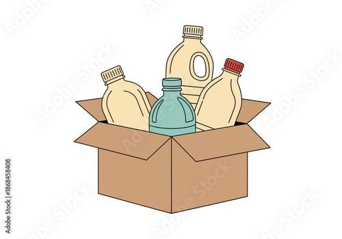 A brown cardboard box filled with various cleaning supplies and bottles