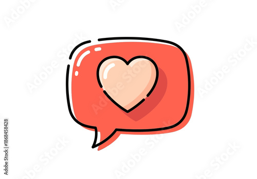 A red speech bubble with a heart inside