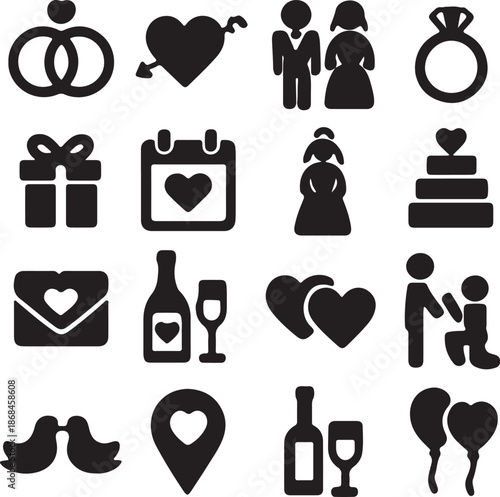 wedding love related icons set silhouette vector illustrations style