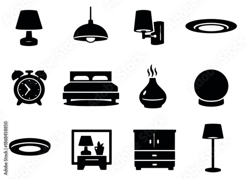 Solid glyph home essentials set featuring beds, lamps, an alarm clock, and furniture for interior design concepts