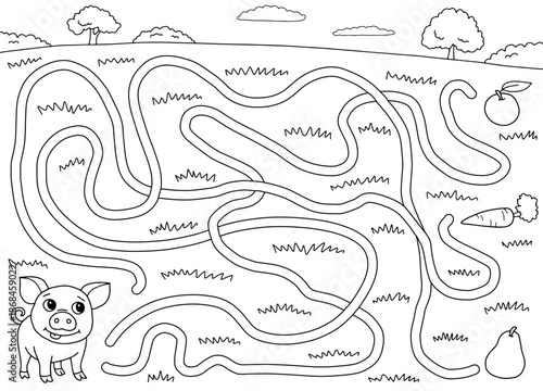 Pig maze graphic black white sketch illustration vector