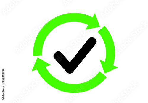 A green circular arrow with a black checkmark in the center