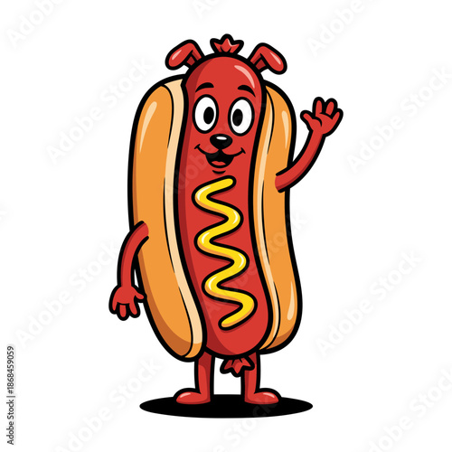 Cute cartoon hot dog character with a happy face waving hello, perfect for food-themed designs and children's content
