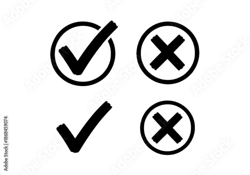 Checkmark and cross symbols in circle and outside for approval and rejection