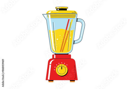 Red blender with a yellow dial and a glass pitcher