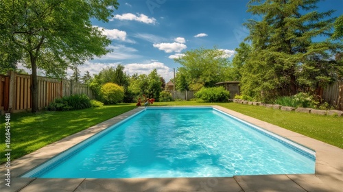 Sunny backyard with sparkling pool and lush greenery under blue sky.
