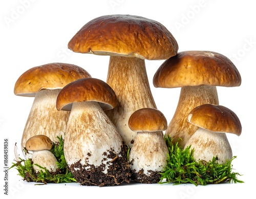 A grouping of freshly picked wild mushrooms with brown caps and white stems, set against a simple white backdrop