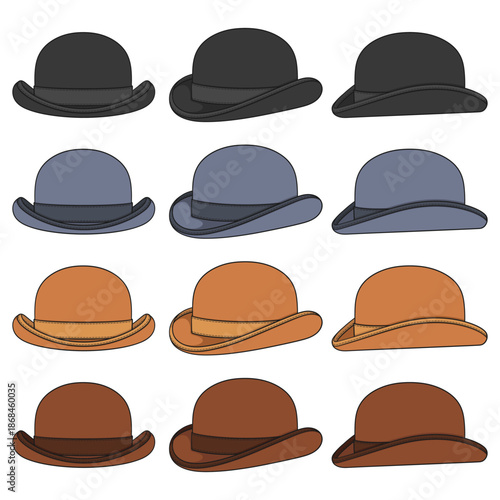 Set of color illustrations with classic bowler hat. Isolated vector objects on white background.