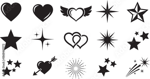 Heart and Star Silhouette Vector Set Sparkle, Wings, Arrows, and Love Elements for Valentine’s Day, Celebration, and Decorative Romantic Designs