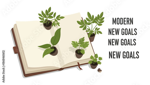 Modern plants growing from open book with new goals