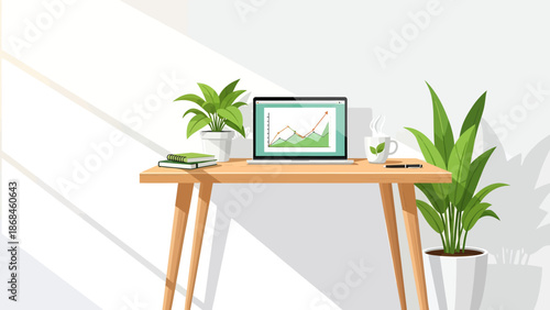 Modern workspace with laptop and plants on wooden desk