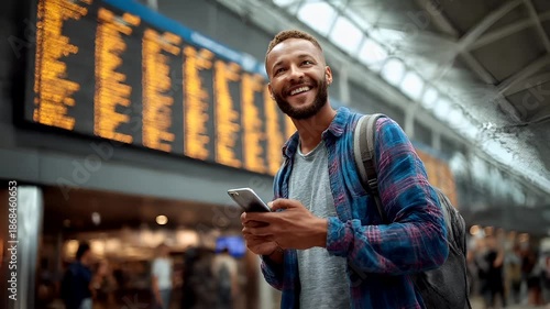 A man in a blue and red plaid shirt is using a smartphone in an indoor setting, possibly an airport terminal. The background features a large digital screen displaying flight information.