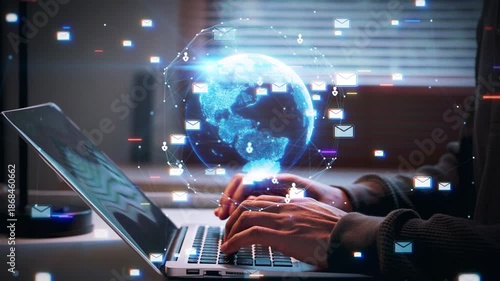 Professional person typing on laptop keyboard with digital global network and email icons flying out representing global communication business connectivity and digital marketing technology