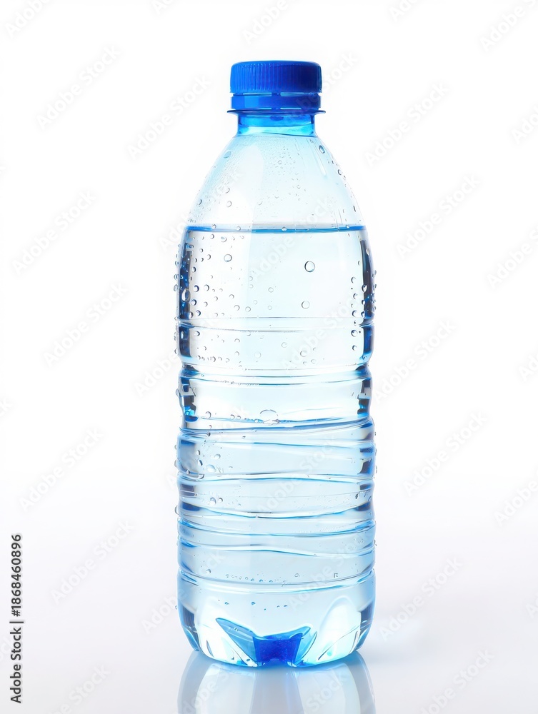 Naklejka premium Clear plastic water bottle with blue cap isolated on white background