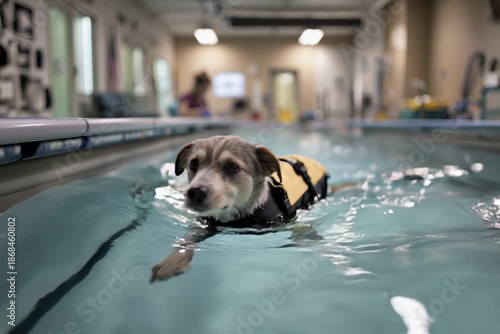 A dog swims in a fitness pool gym during rehabilitation training.