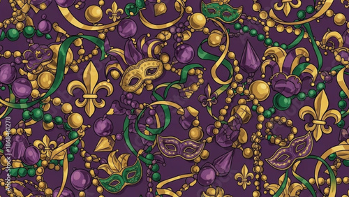 Vibrant mardi gras pattern with colorful beads masks and fleur de lis on purple background for festive designs with carnival and celebration