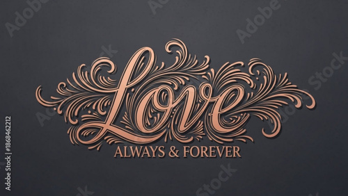 Beautiful love always and forever decorative typography text with floral swirls on dark background with romance and romantic and sentimental