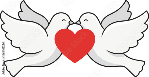 Two white doves with outstretched wings facing each other, sharing a vibrant red heart, symbolizing love and peace.