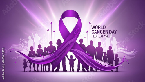 World cancer day awareness campaign with purple ribbon and diverse group of people silhouettes standing together in solidarity and support for cancer research