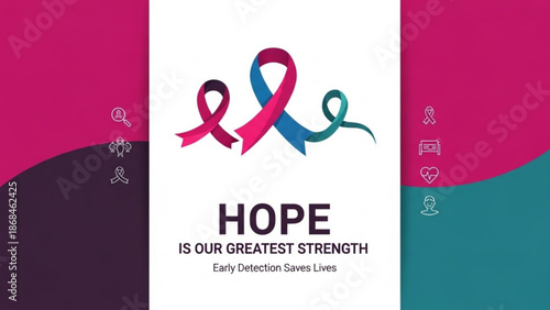 Vibrant pink and blue awareness ribbons intertwined on white background with hopeful message for cancer support and early detection with pink ribbon