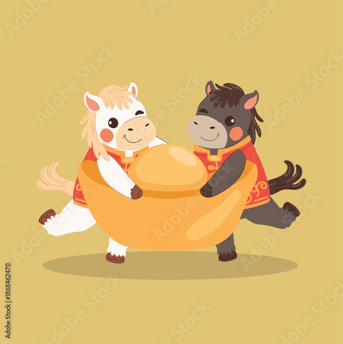 Two cute zodiac horses wearing traditional outfits carry a gold ingot during chinese new year